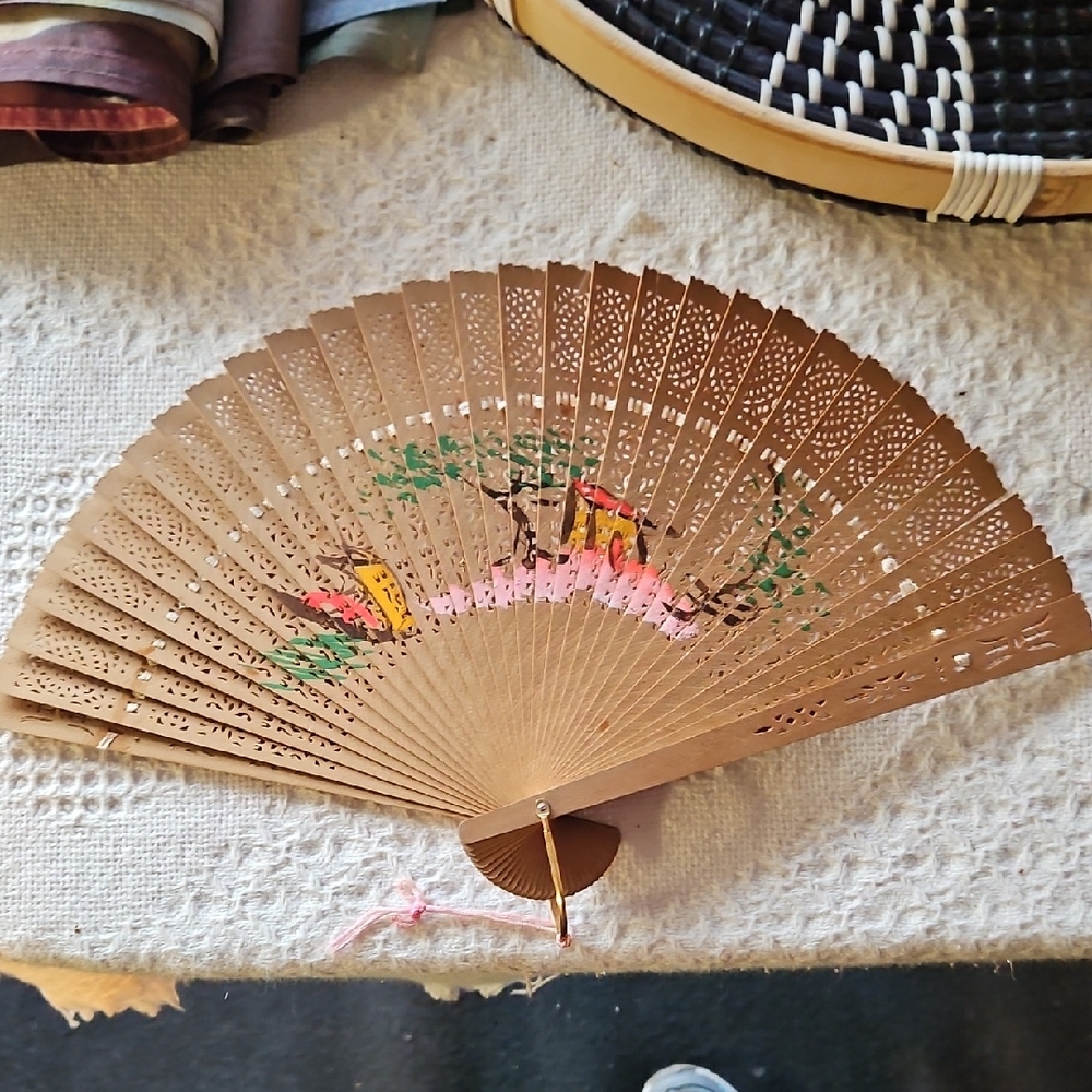 Handheld Decorative Folding Fan in Light Brown with Pink & Yellow Detail
